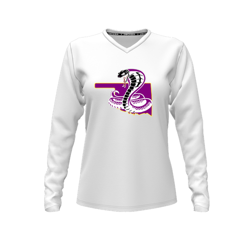 [CUS-DFW-TEES-CMF-VNK-LSL-WHT-FYXS-LOGO3] Decker Comfort T-Shirt (Female Youth XS, White, V Neck, Logo 3, Long Sleeve)