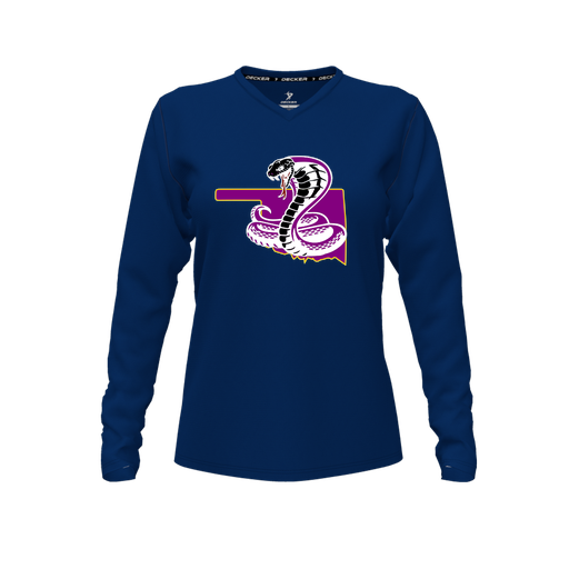 [CUS-DFW-TEES-CMF-VNK-LSL-NVY-FYXS-LOGO3] Decker Comfort T-Shirt (Female Youth XS, Navy, V Neck, Logo 3, Long Sleeve)