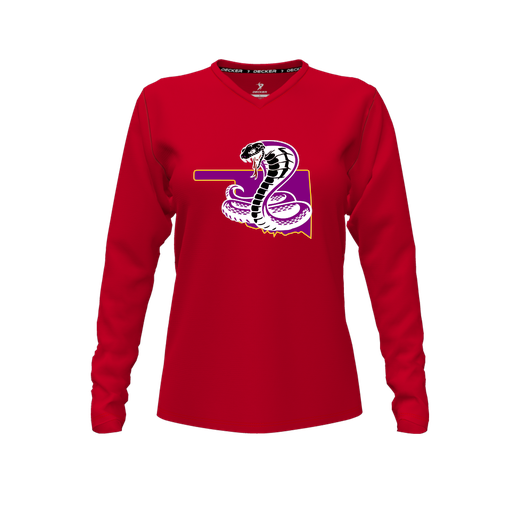 [CUS-DFW-TEES-CMF-VNK-LSL-RED-FYXS-LOGO3] Decker Comfort T-Shirt (Female Youth XS, Red, V Neck, Logo 3, Long Sleeve)