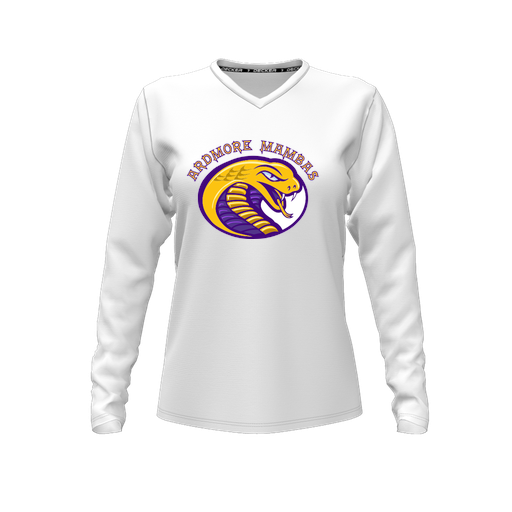 [CUS-DFW-TEES-PER-VNK-LSL-WHT-FYXS-LOGO2] Decker Performance T-Shirt (Female Youth XS, White, V Neck, Logo 2, Long Sleeve)