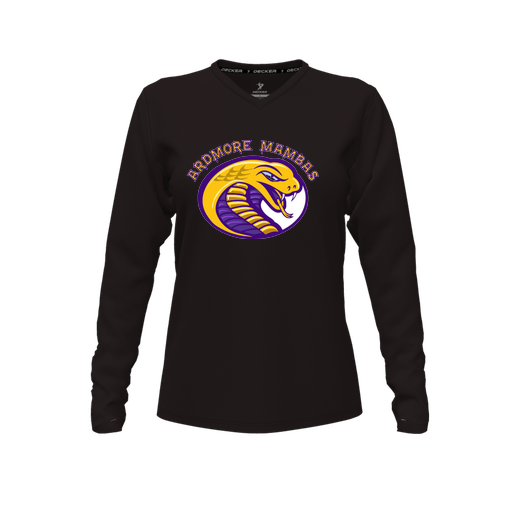 [CUS-DFW-TEES-PER-VNK-LSL-BLK-FYXS-LOGO2] Decker Performance T-Shirt (Female Youth XS, Black, V Neck, Logo 2, Long Sleeve)