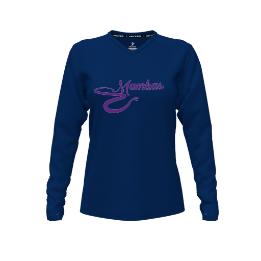 [CUS-DFW-TEES-PER-VNK-LSL-NVY-FYXS-LOGO1] Decker Performance T-Shirt (Female Youth XS, Navy, V Neck, Logo 1, Long Sleeve)