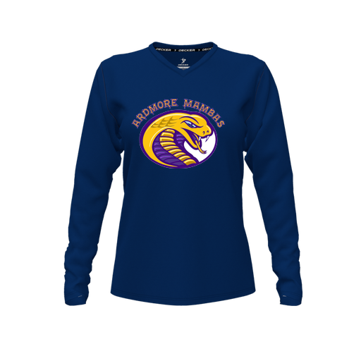 [CUS-DFW-TEES-PER-VNK-LSL-NVY-FYXS-LOGO2] Decker Performance T-Shirt (Female Youth XS, Navy, V Neck, Logo 2, Long Sleeve)
