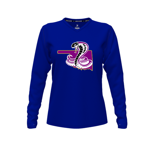 [CUS-DFW-TEES-PER-VNK-LSL-RYL-FYXS-LOGO3] Decker Performance T-Shirt (Female Youth XS, Royal, V Neck, Logo 3, Long Sleeve)