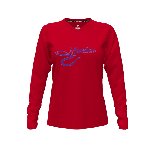 [CUS-DFW-TEES-PER-VNK-LSL-RED-FYXS-LOGO1] Decker Performance T-Shirt (Female Youth XS, Red, V Neck, Logo 1, Long Sleeve)