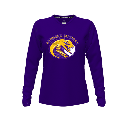 [CUS-DFW-TEES-PER-VNK-LSL-PUR-FYXS-LOGO2] Decker Performance T-Shirt (Female Youth XS, Purple, V Neck, Logo 2, Long Sleeve)